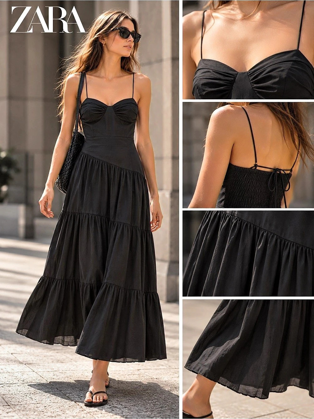 Zara ZW Collection Black Bustier Tiered Maxi Dress L NWT